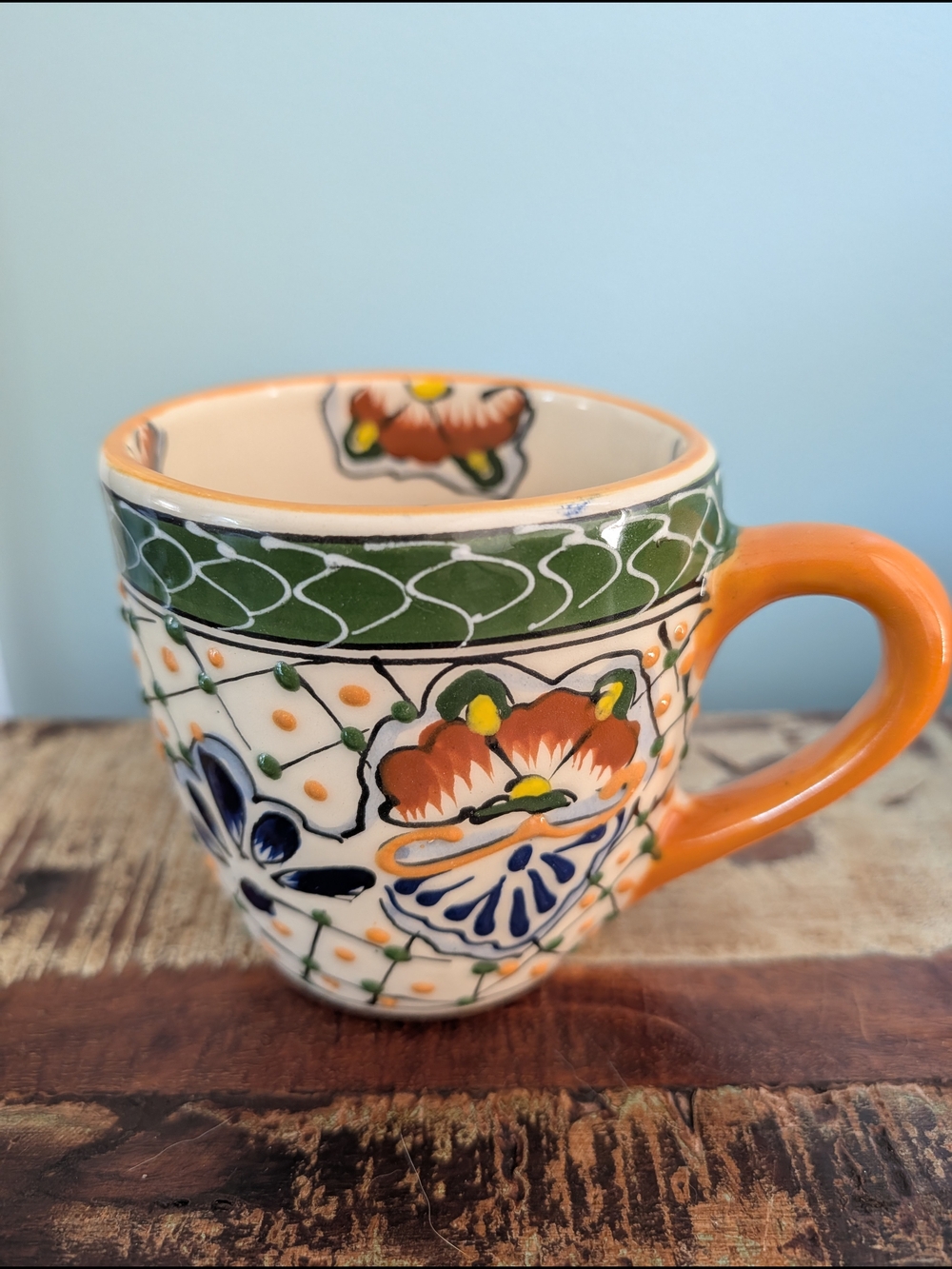 Hand-Painted Mexican Floral Ceramic Mug in Orange and Green
